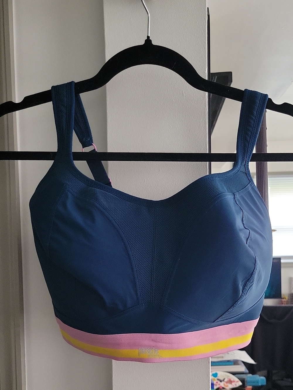 Panache Navy Sports Bra with Pink and Yellow Band